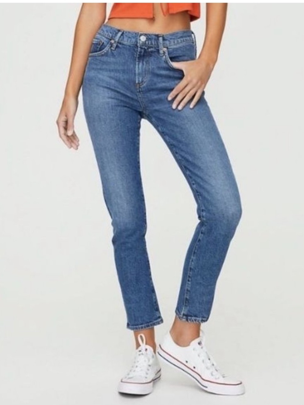 AGOLDE Classic Chic Toni Mid Rise Straight Dime Wash w/frayed hem Jeans Sz 25